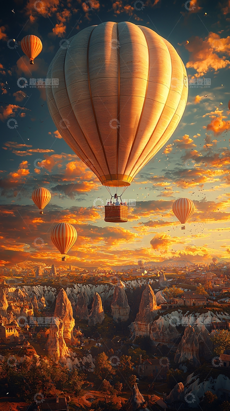 高清大图下载【趣麦麦图】热气球飞行在卡帕多奇亚