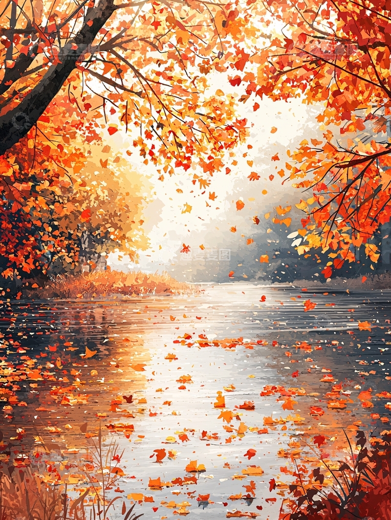 高清大图下载【趣麦麦图】秋日湖畔落叶纷飞的美景