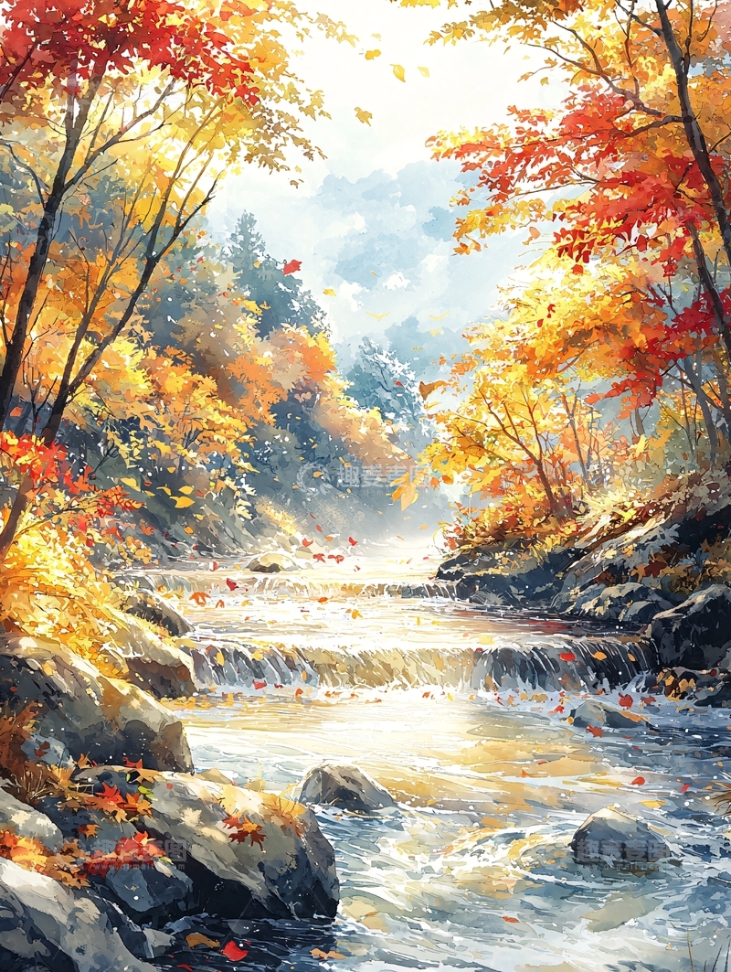 高清大图下载【趣麦麦图】秋日溪流落叶美景