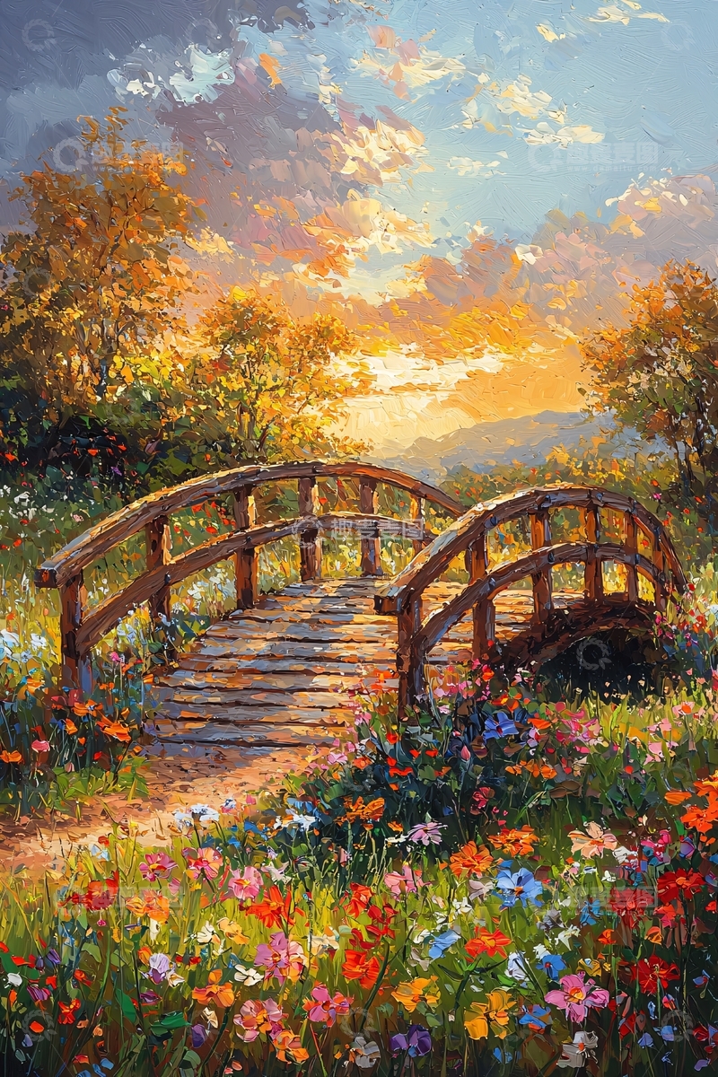高清大图下载【趣麦麦图】夕阳下的木桥鲜花小路