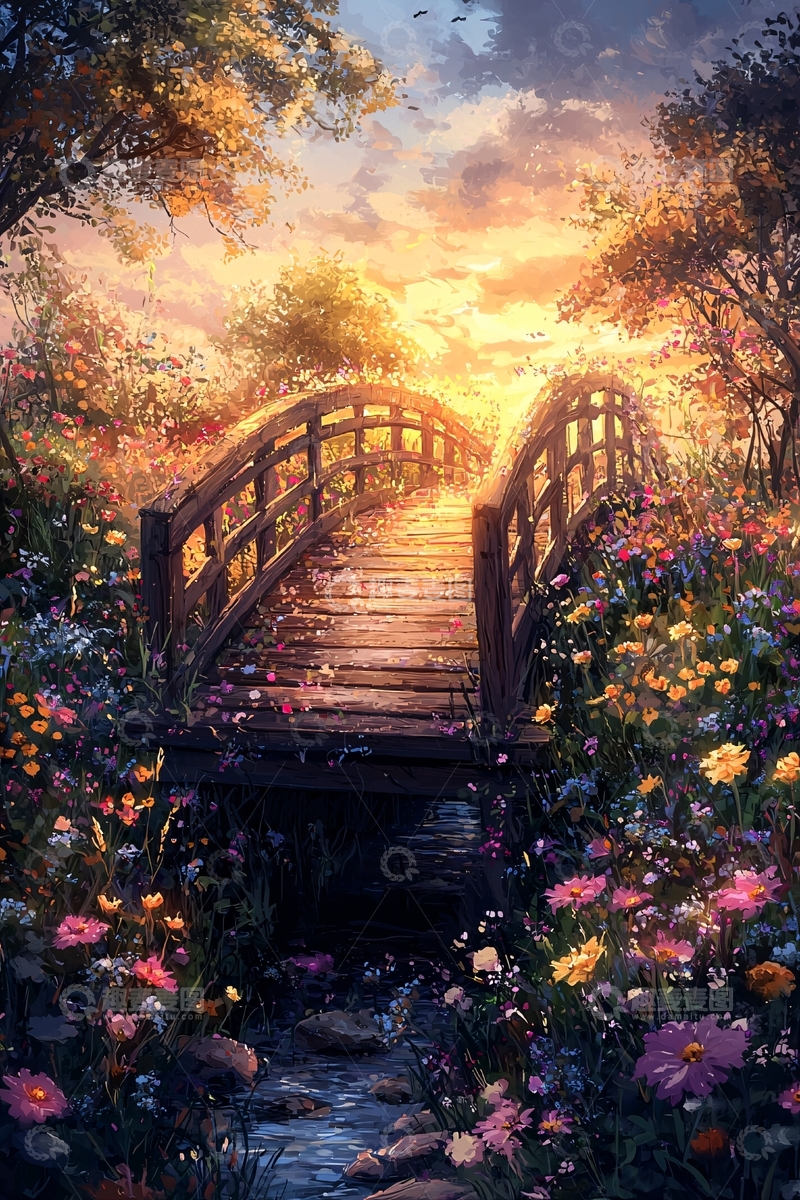 高清大图下载【趣麦麦图】夕阳下的木桥花海