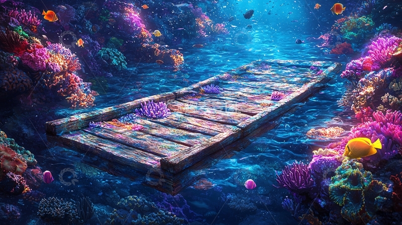高清大图下载【趣麦麦图】水下木桥珊瑚礁鱼群