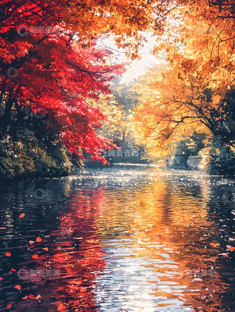 高清大图下载【趣麦麦图】秋季湖面树叶倒影