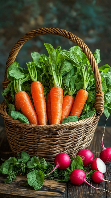 新鲜胡萝卜和萝卜的篮子