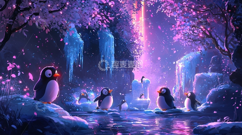 高清大图下载【趣麦麦图】一群企鹅在梦幻紫色的冰雪世界