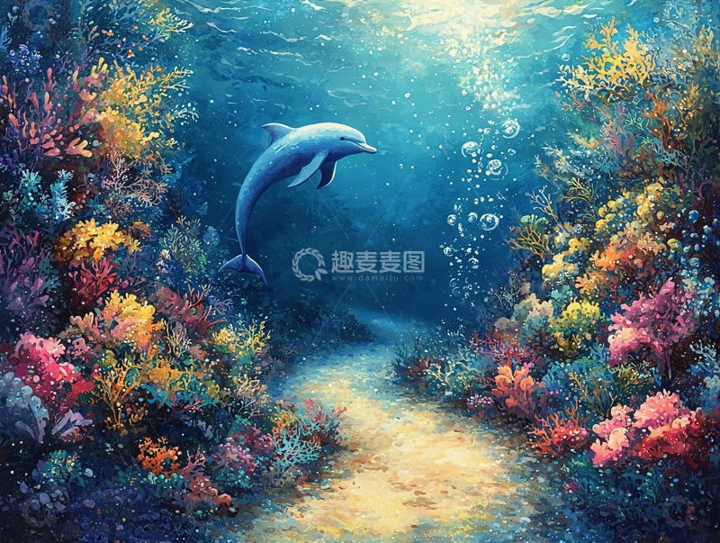 高清大图下载【趣麦麦图】海豚与珊瑚礁的梦幻海洋
