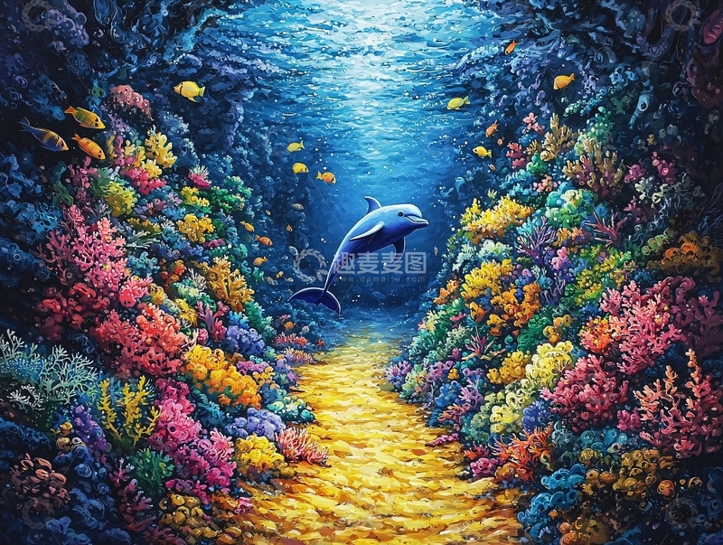 高清大图下载【趣麦麦图】海底珊瑚海豚