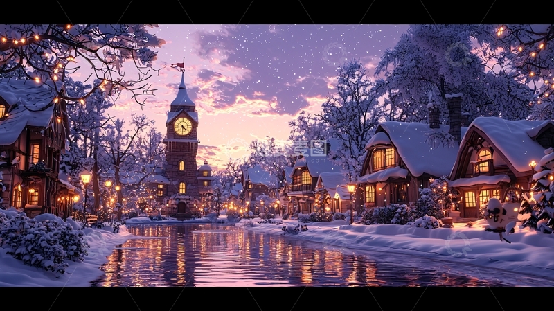 高清大图下载【趣麦麦图】冬日雪景小镇夜景