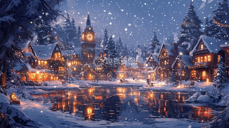 高清大图下载【趣麦麦图】雪夜小镇
