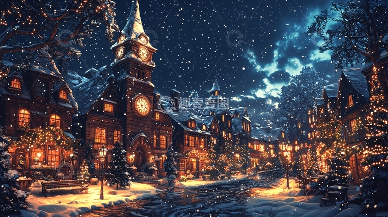 高清大图下载【趣麦麦图】冬日雪夜的童话小镇