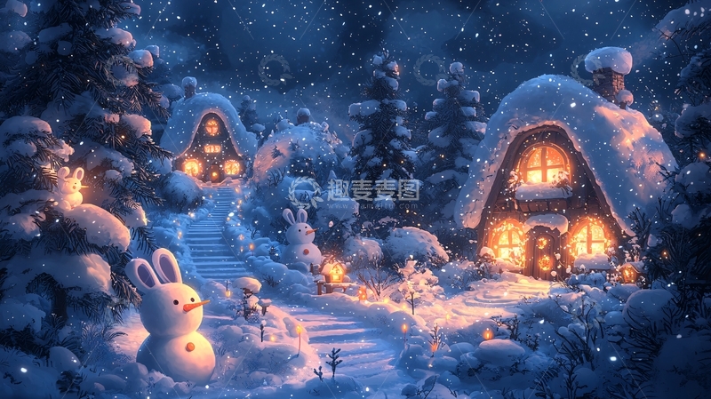 高清大图下载【趣麦麦图】雪夜小屋温馨灯光