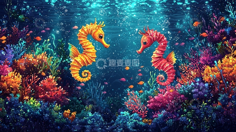 高清大图下载【趣麦麦图】海底珊瑚海马