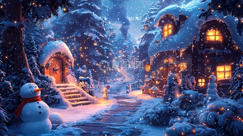 高清大图下载【趣麦麦图】雪夜童话村庄