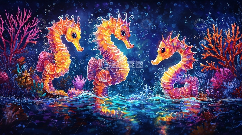高清大图下载【趣麦麦图】三只彩色海马在水中