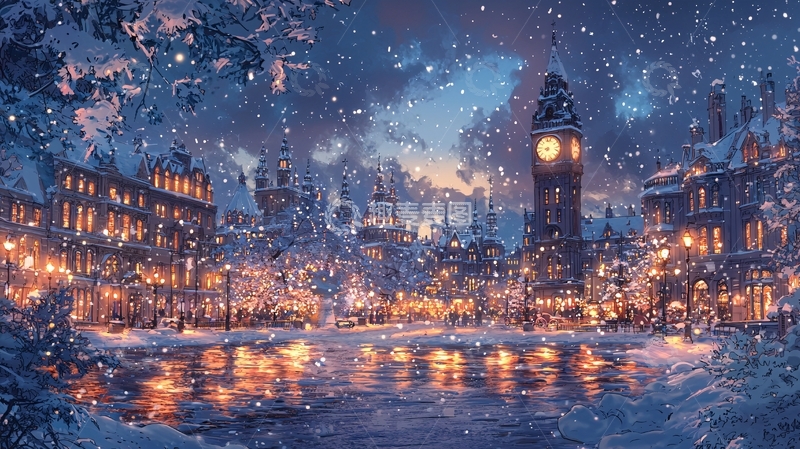 高清大图下载【趣麦麦图】下雪的伦敦夜景