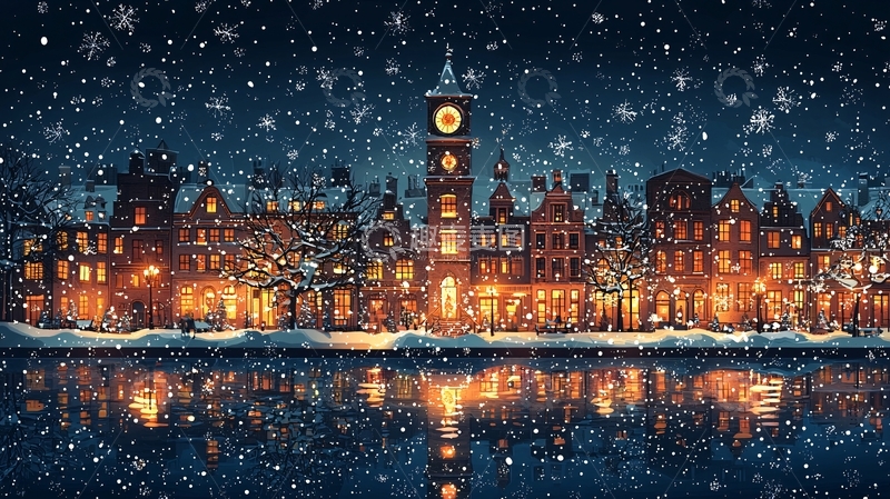 高清大图下载【趣麦麦图】冬季城市夜景雪花飘落