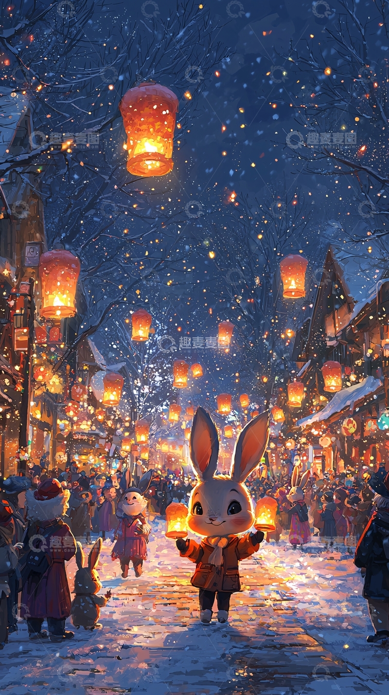 高清大图下载【趣麦麦图】冬夜雪景兔子提灯