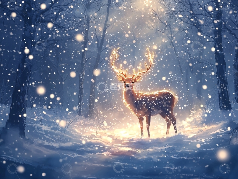 高清大图下载【趣麦麦图】雪夜森林中的光芒四射的鹿