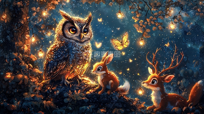高清大图下载【趣麦麦图】夜光森林动物奇幻图