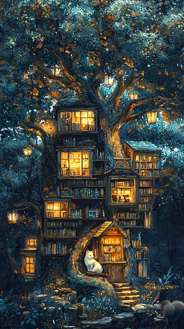 童话树屋夜景