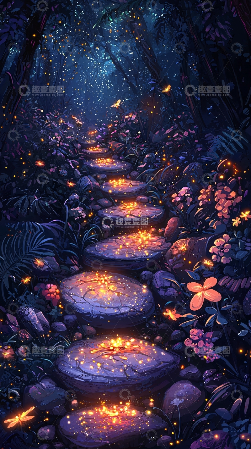 高清大图下载【趣麦麦图】夜晚森林中的石板路