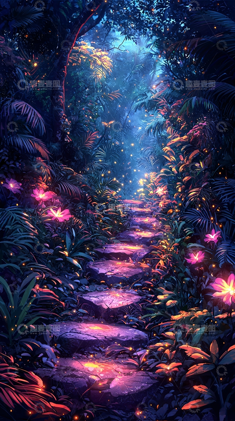 高清大图下载【趣麦麦图】梦幻森林小路夜景