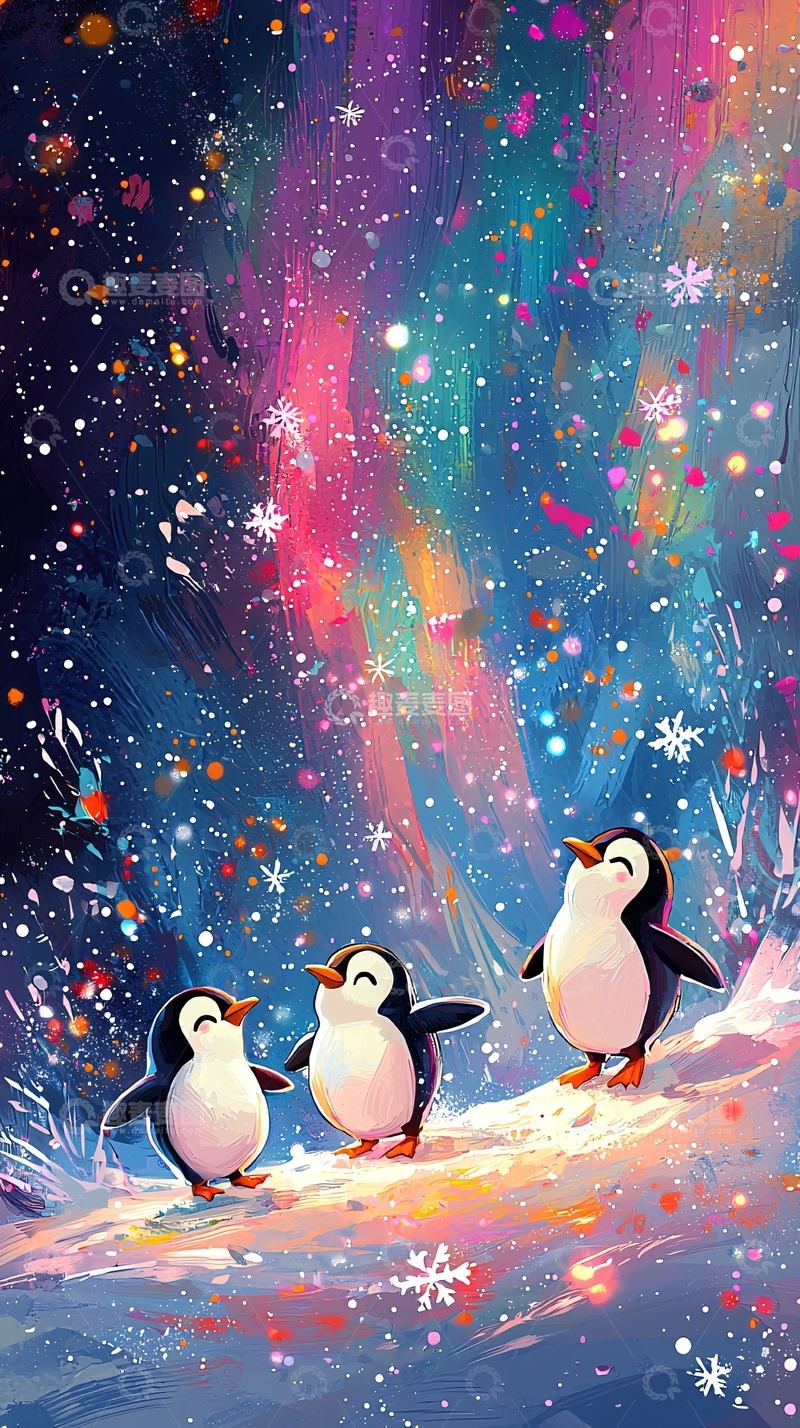 高清大图下载【趣麦麦图】极光下快乐的企鹅