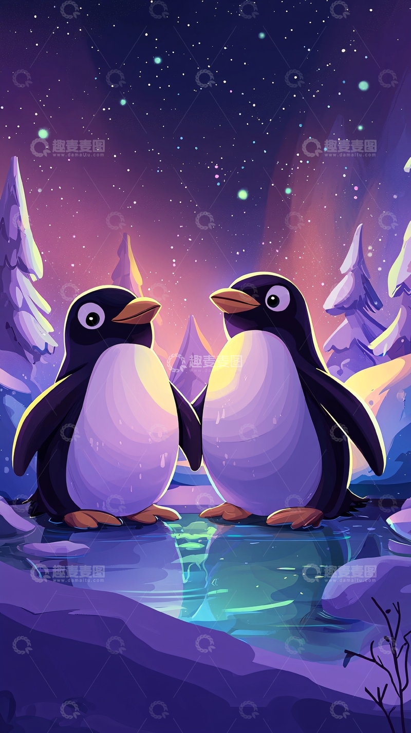 高清大图下载【趣麦麦图】极光下相依偎的企鹅
