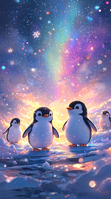 北极光下的企鹅宝宝