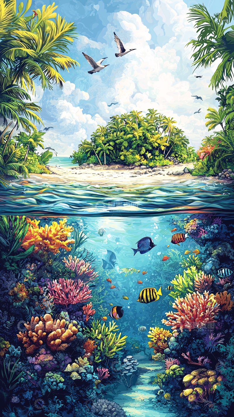 高清大图下载【趣麦麦图】热带岛屿水下珊瑚礁