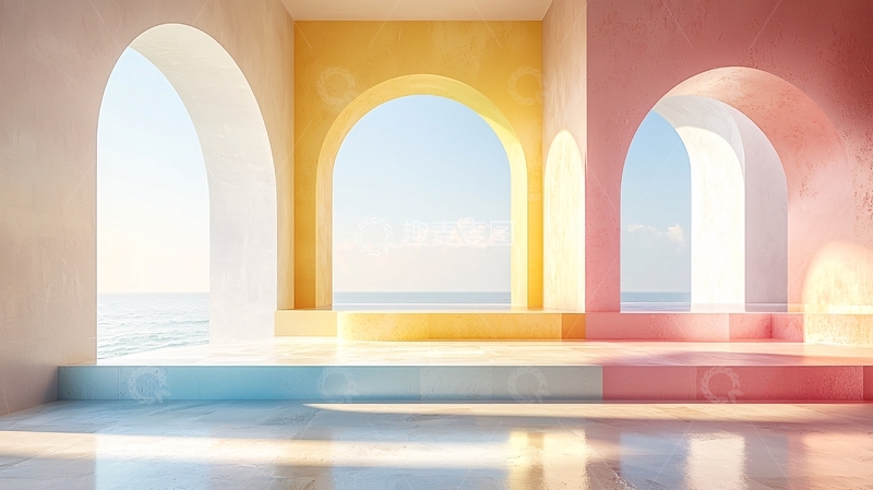 高清大图下载【趣麦麦图】彩色拱门海景建筑