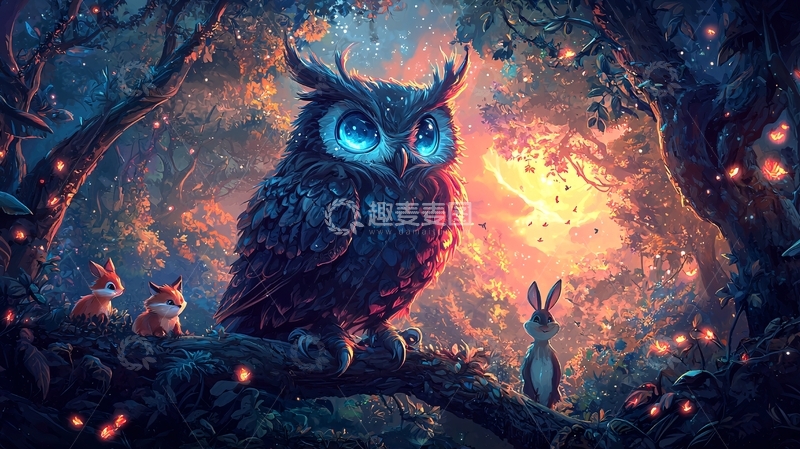 高清大图下载【趣麦麦图】森林夜色蓝光猫头鹰