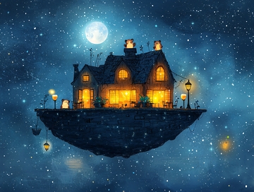 漂浮房屋星空夜景