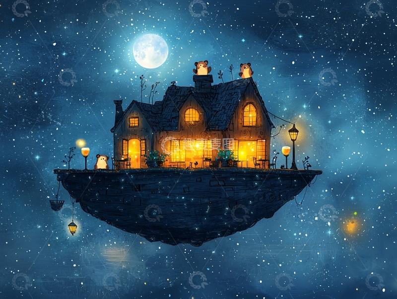 高清大图下载【趣麦麦图】漂浮房屋星空夜景