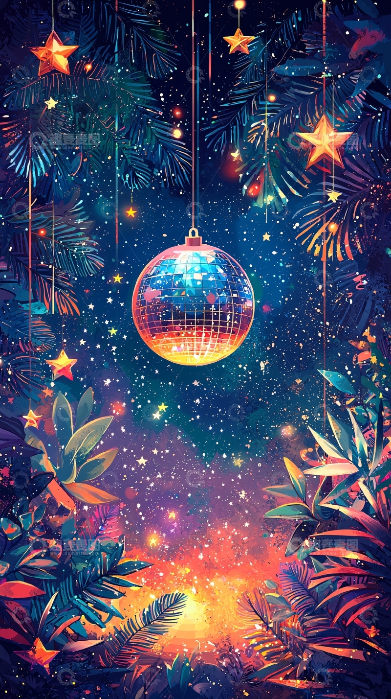 高清大图下载【趣麦麦图】夜空下的圣诞球与星光