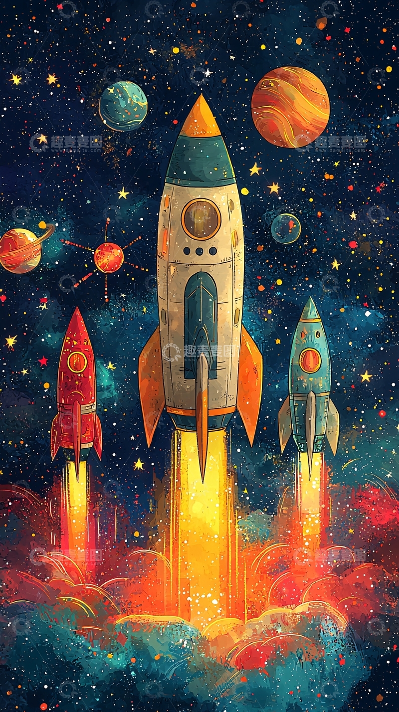 高清大图下载【趣麦麦图】彩色火箭太空背景