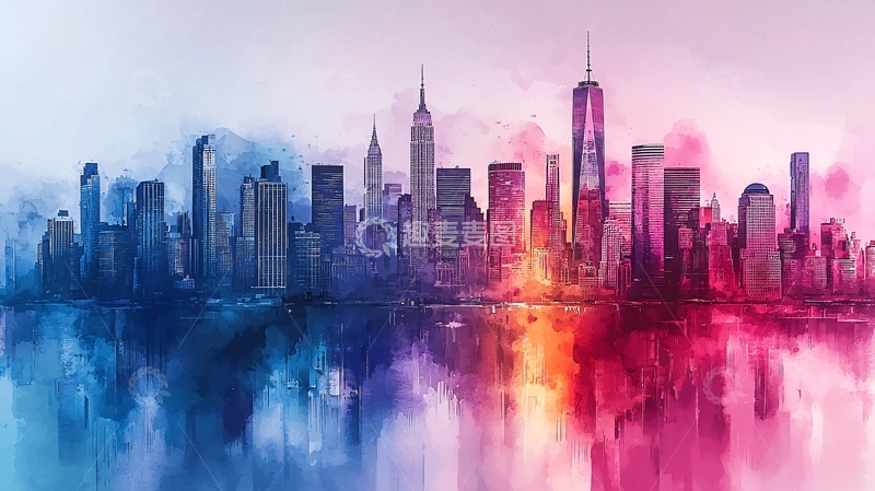 高清大图下载【趣麦麦图】水彩纽约城市剪影