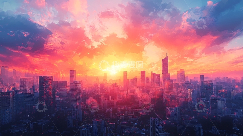 高清大图下载【趣麦麦图】绚丽多彩的城市日出