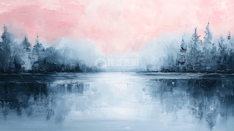 高清大图下载【趣麦麦图】粉蓝色调水彩森林湖泊风景画
