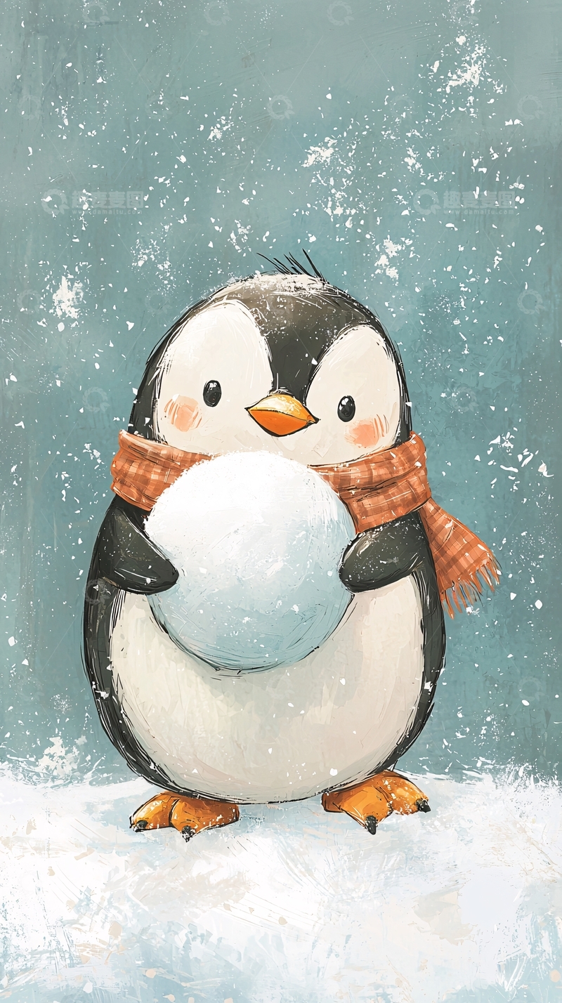 高清大图下载【趣麦麦图】可爱企鹅抱着雪球