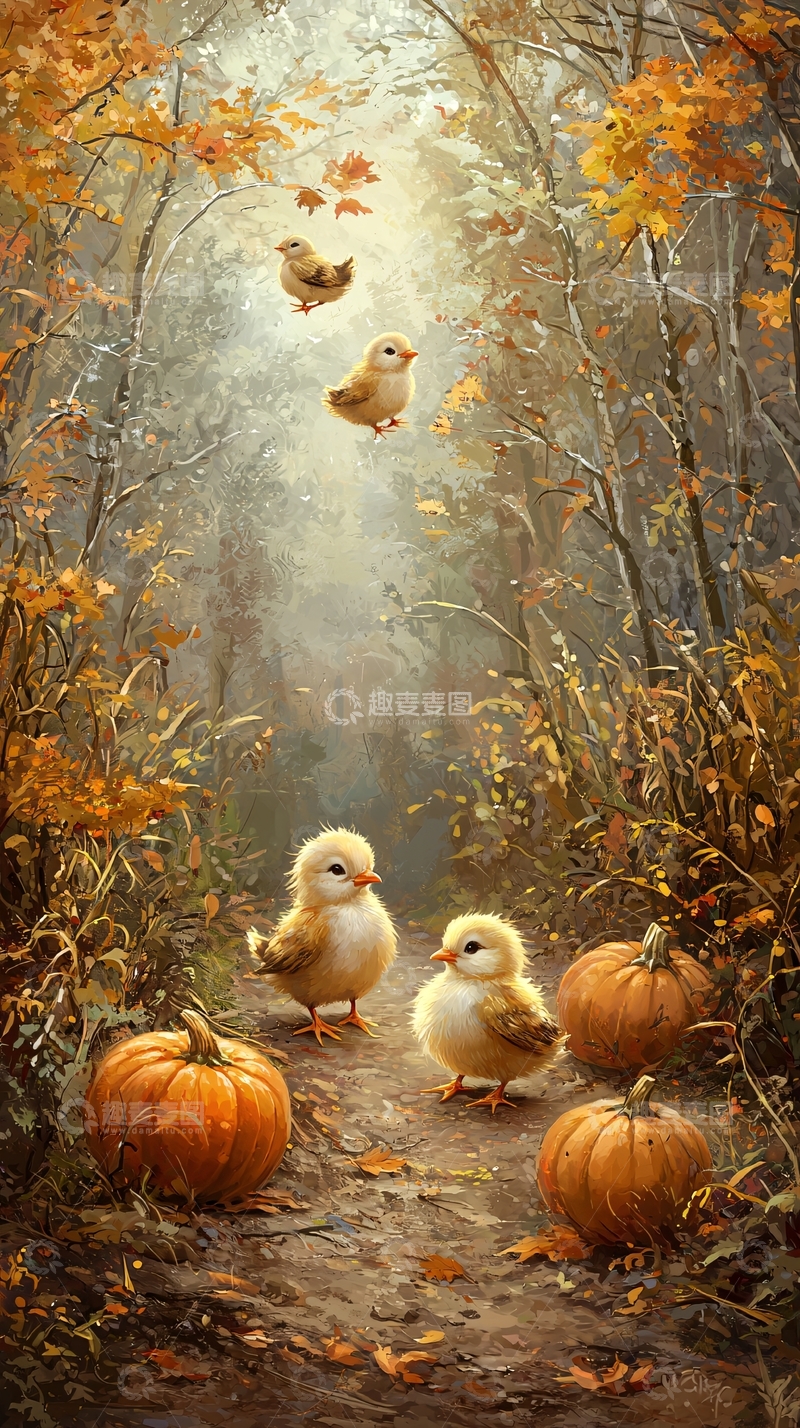 高清大图下载【趣麦麦图】秋日森林里的小鸡和南瓜