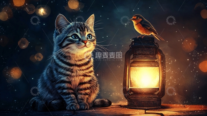 高清大图下载【趣麦麦图】猫咪和鸟儿夜灯