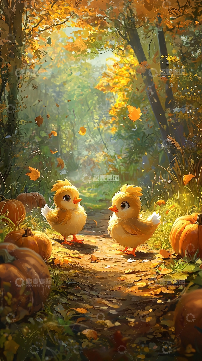 高清大图下载【趣麦麦图】秋日森林里的小鸡