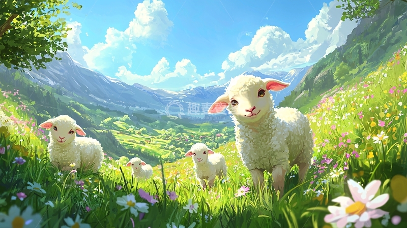 高清大图下载【趣麦麦图】山间嬉戏的可爱小羊