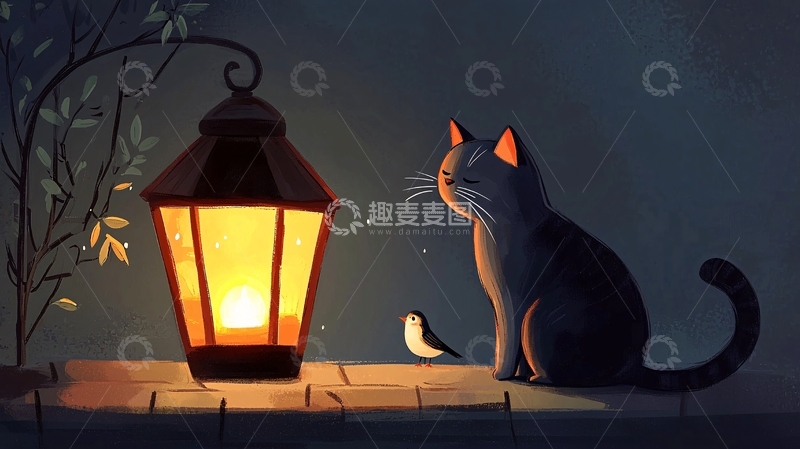 高清大图下载【趣麦麦图】夜灯下的猫咪和一只小鸟