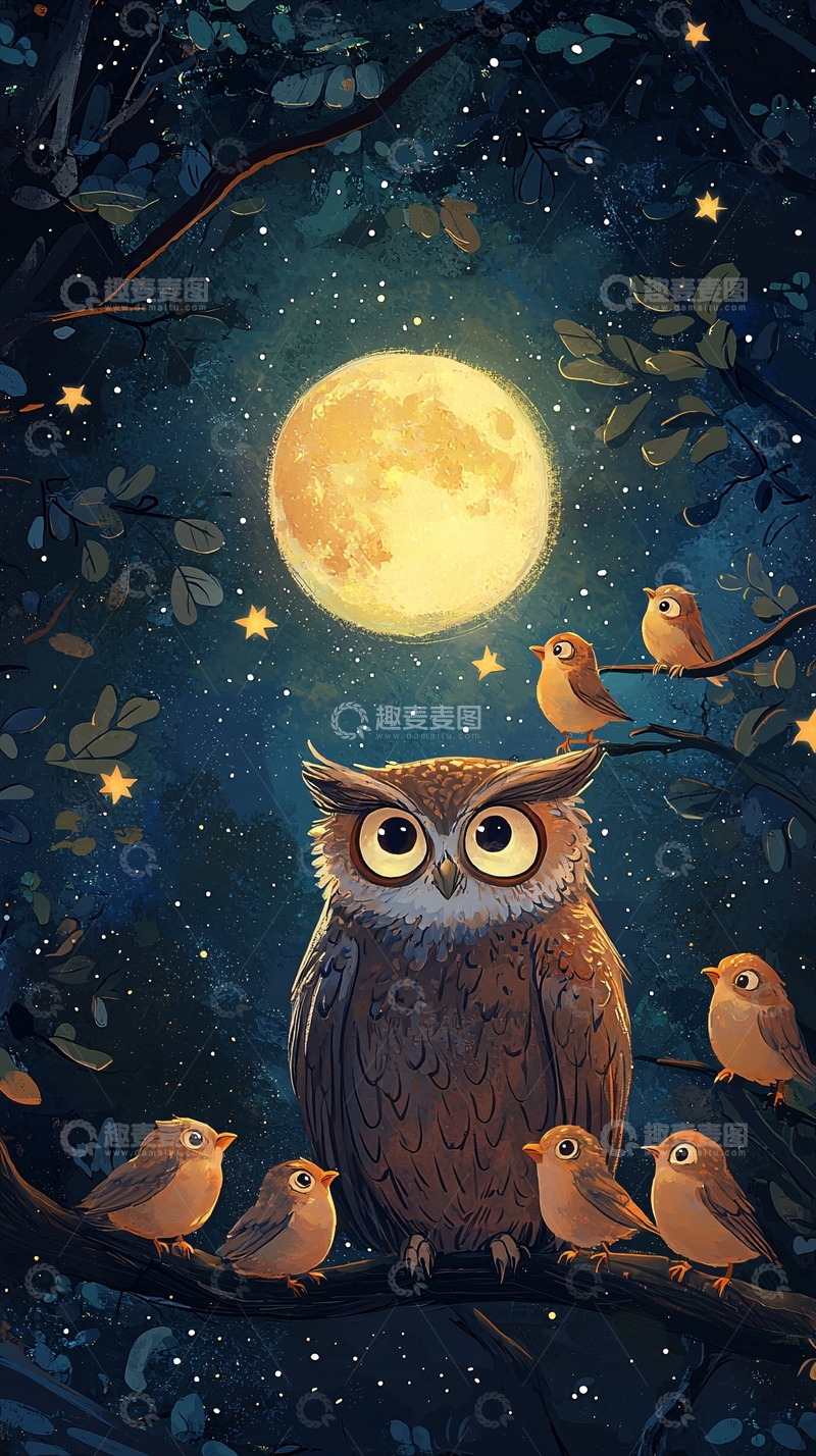 高清大图下载【趣麦麦图】夜晚森林猫头鹰