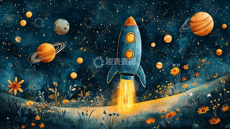 高清大图下载【趣麦麦图】蓝色火箭飞向星空
