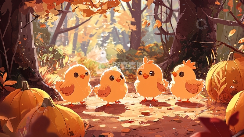 高清大图下载【趣麦麦图】秋天森林小鸡南瓜