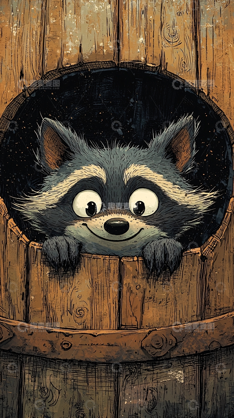 高清大图下载【趣麦麦图】卡通浣熊在木桶里探头