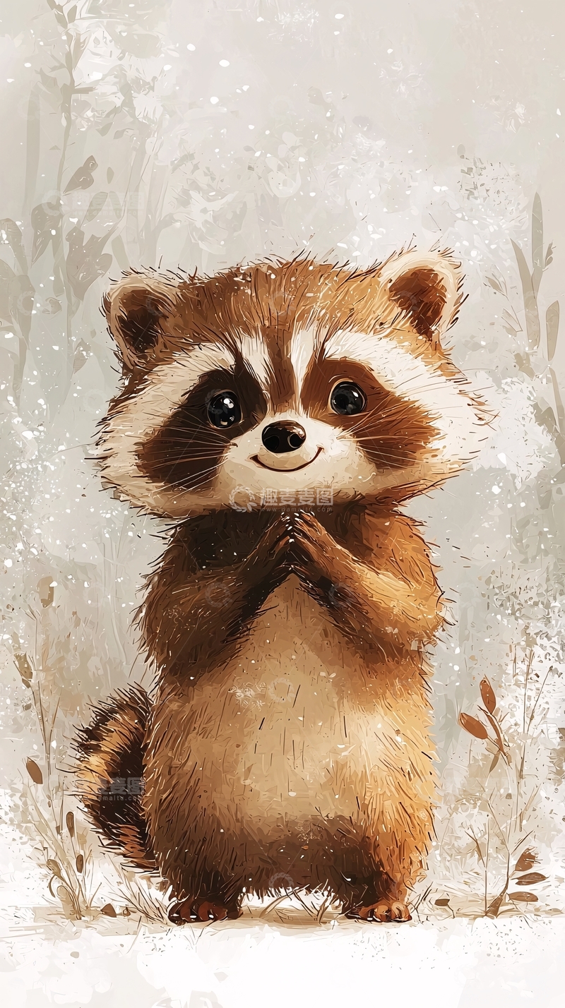 高清大图下载【趣麦麦图】可爱浣熊水彩插画
